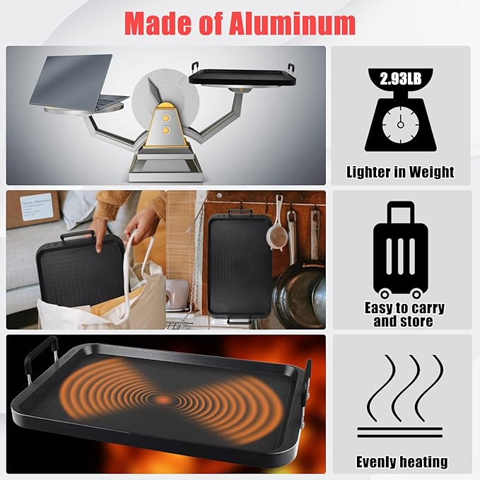 Flat Top Grill - Non-Stick Stovetop Griddle, Aluminum, Dishwasher Safe