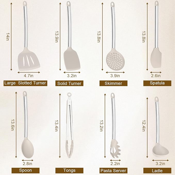 8 Pieces Kitchen Utensils Set, Vayvnt Heat Resistant Silicone Cooking Utensils Set for Non-Stick Cookware, Stainless Steel Handle, Kitchen Gadgets Includes Large Spatula Tongs, Dishwasher Safe, Khaki