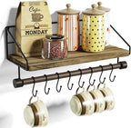Alsonerbay Floating Shelves Wood Shelves for Wall, Rustic Wood Kitchen Shelf with Towel Bar and 8 Removable Hooks for Hanging Cooking Utensils or Mugs