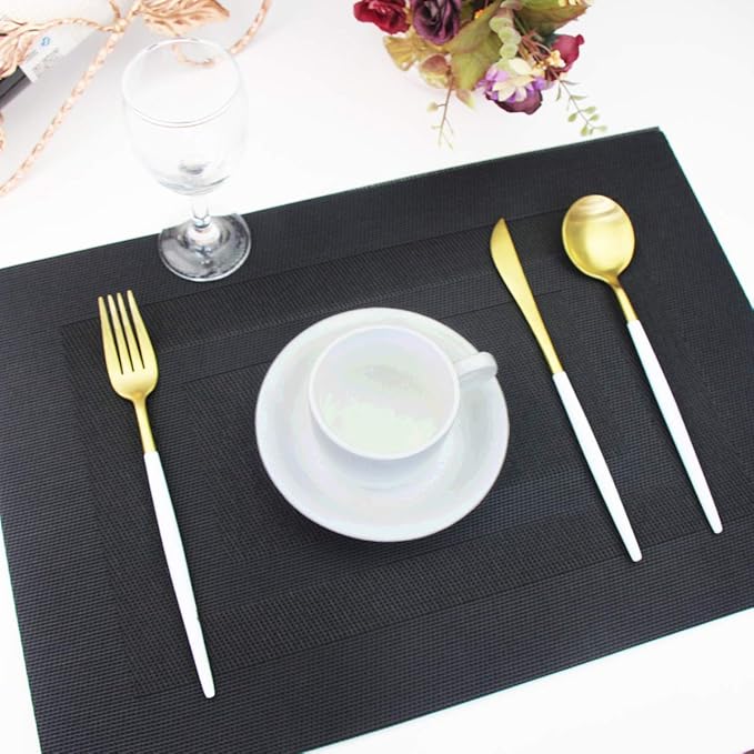 PIGCHCY Placemats Set of 12 Washable Durable Place Mats Vinyl Heat Resistant Non-Slip Table Mats Indoor Outdoor (Pure Black)