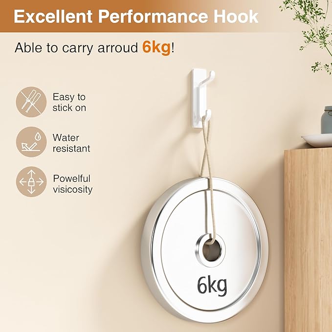 Self Adhesive Wall Hooks for Hanging: Extra Strong 13 LB, Hook for Coat, Towel in Bathrooms, Shower, Kitchen, Wall, Door Hook, White 4 Pack