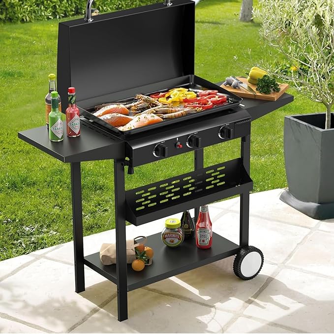 3 Burner BBQ Gas Griddle with Hood, 25.6 Inch Stainless Steel Portable Detachable Propane Griddle, 45,000 BTU Flat Top Barbecue Grill with Side Shelves for Camping