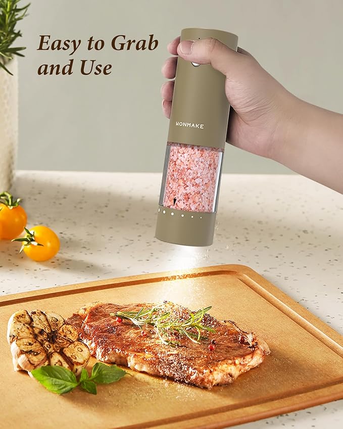 Electric Salt and Pepper Grinder Set - Automatic Refillable Salt and Pepper Grinders with Charging Base & LED Light, 6-Level Adjustable Coarseness with External Dial, Ideal Kitchen Gadget，Brown