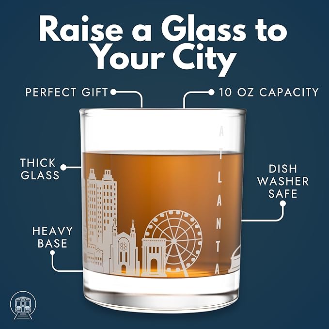 Greenline Goods – Atlanta, GA Skyline Whiskey Glasses (Set of 2), 10 oz – Rocks/Old Fashioned Tumblers