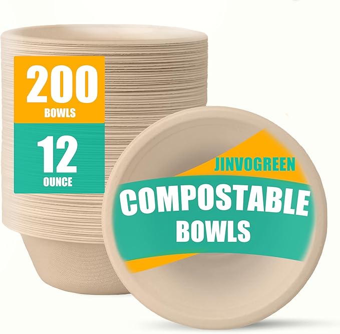 200 Count 12 oz Paper Bowls, Disposable Compostable Bowls Bulk, Heavy Duty Biodegradable Bagasse Bowl for Snacks, Soup, and Salads, Natural