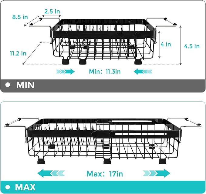 MAJALiS Dish Drying Rack in Sink -Expandable Stainless Steel Over Sink Dish Rack (11.3''-17''), Adjustable Capacity Dish Strainers for Kitchen Sink Counter with Utensil Holder, Black