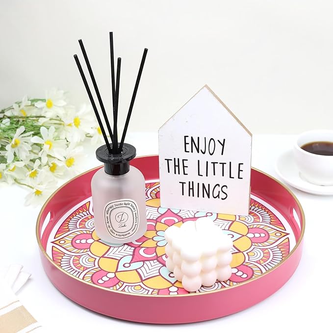 Round Pink Decorative Tray for Coffee Table, Ottoman, 13” Plastic Serving Platter Tray with Handles for Entertaining, Living Room