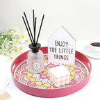 Round Pink Decorative Tray for Coffee Table, Ottoman, 13” Plastic Serving Platter Tray with Handles for Entertaining, Living Room