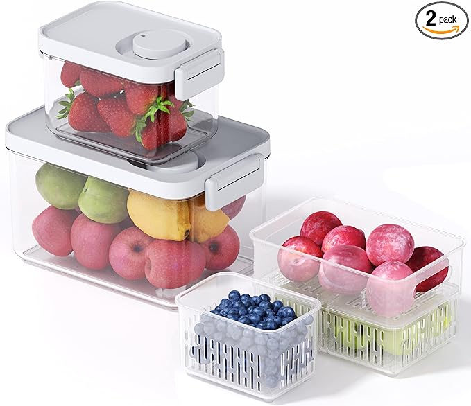 vacane 2 Pack Produce Saver with lids & Colanders, Clear Fruit Containers for Fridge Dishwasher Safe Berry Containers, BPA-Free Lettuce Keeper, Keep Vegetable Food Fresh