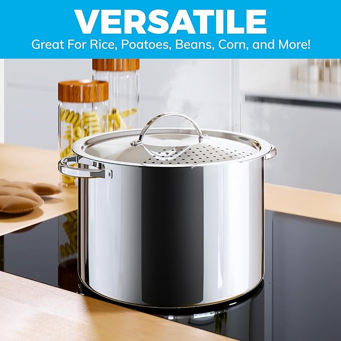 Stainless Steel Pasta Pot with Strainer Lid - 5.5 Quart Large Spaghetti Pot - Twist & Lock for Easy Drain & No Colander Or Strainer Basket Insert Needed - Dishwasher Safe Pots