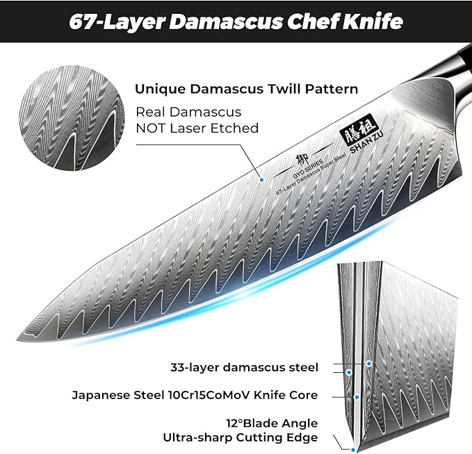 SHAN ZU Damascus Kitchen Knife Set, 7-Piece Professional Knife Sets for Chefs, Japanese 10Cr15CoMoV Super Steel With G10 Handle Knife Block Set, GYO Series