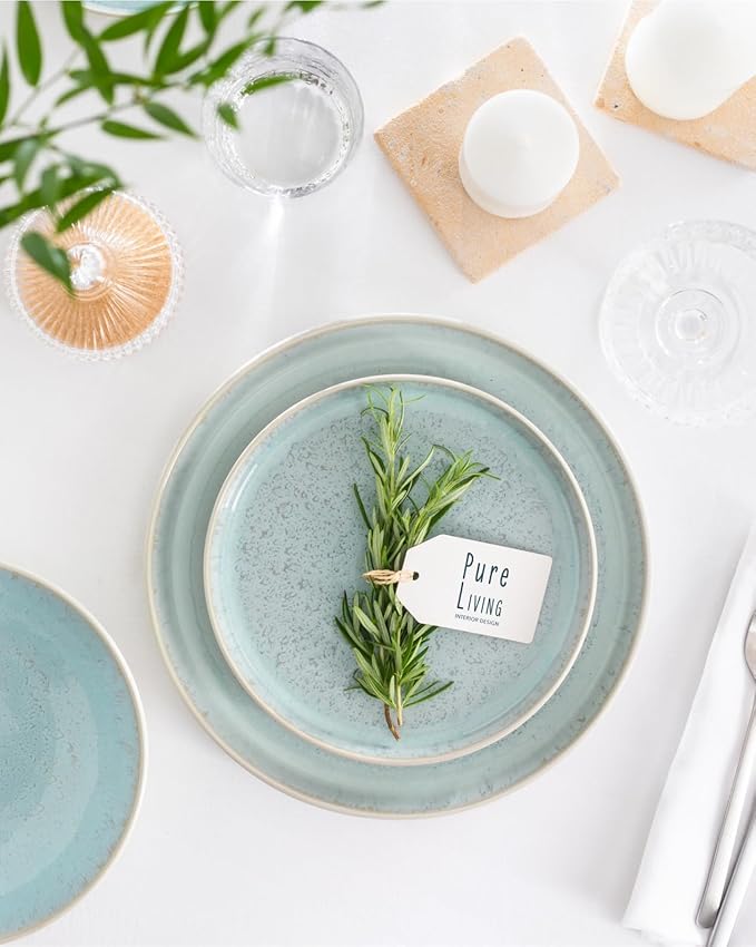 Stoneware dinnerware set 8 persons 24 pcs – Modern style plates and bowls set ceramic – Microwave safe dinner plates and bowls set – Bowl and plate set – Dinner service Pure Living beige & light blue