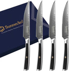 Sunnecko Damascus Steak Knives Set of 4 Serrated, Japanese VG10 Stainless Steel Steak knives Dishwasher Safe, 5 Inch Steak Knives G10 Handle with Gift Box