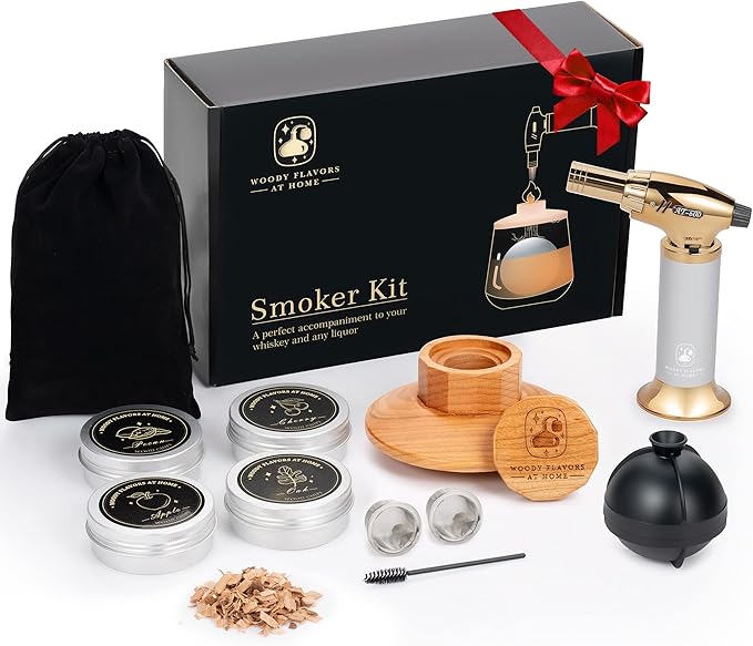 Cocktail Smoker Kit – Drink Smoker Bartender Kit with Torch, Sphere Ice Molds, Aromatic Wood Chips – Professional Bourbon Smoker Kit for Cocktails, Whiskey. Butane not Included