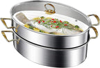 Stainless Steel Fish Steamer, Poacher Steamer Pot Pan Elliptical Shape, Stockpot for Steaming Fish, Boiling Soup, Special for Induction Cooker