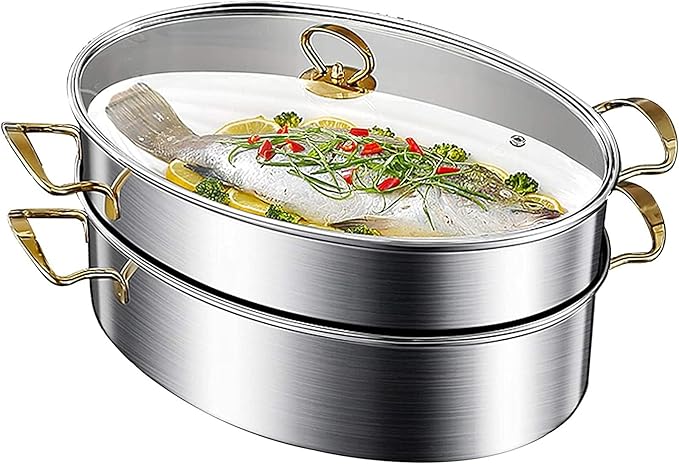 Stainless Steel Fish Steamer, Poacher Steamer Pot Pan Elliptical Shape, Stockpot for Steaming Fish, Boiling Soup, Special for Induction Cooker