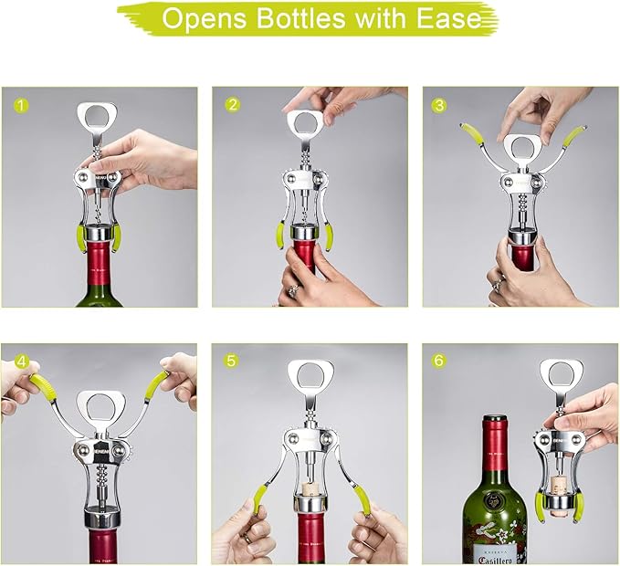 Beneno Wine Opener, Zinc Alloy Premium Wing Corkscrew with Multifunctional Bottles Opener, Sharp Wine Corkscrew with Ergonomic Non-Slip Wing Handle, Upgrade Green