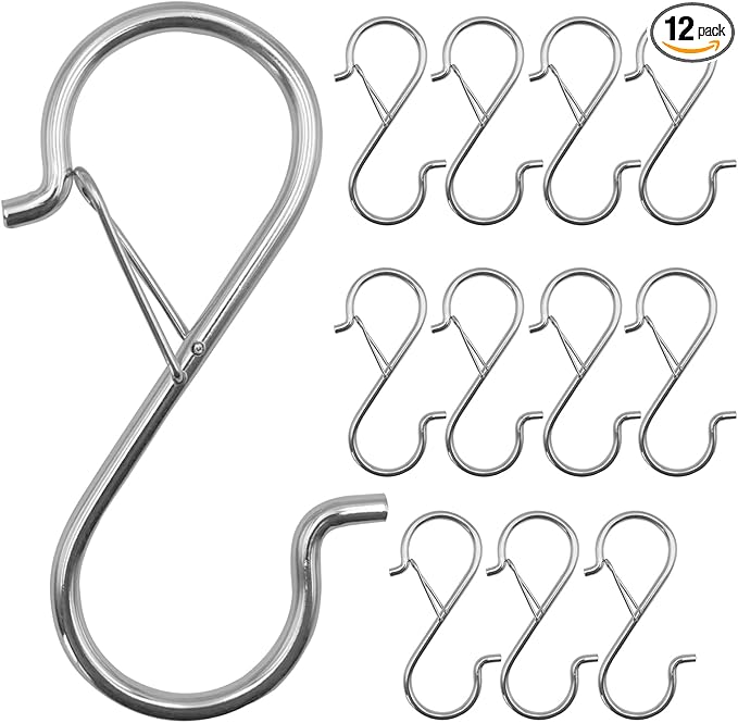 12PCS S Hooks for Hanging,3.5 Inch Heavy Duty Closet Hooks with Safety Buckle,Closet Hooks Hanging for Plants,Clothes,Kitchen Utensil,String Lights,Handbags,Belt, Hat, Cup, Tie (Silver)