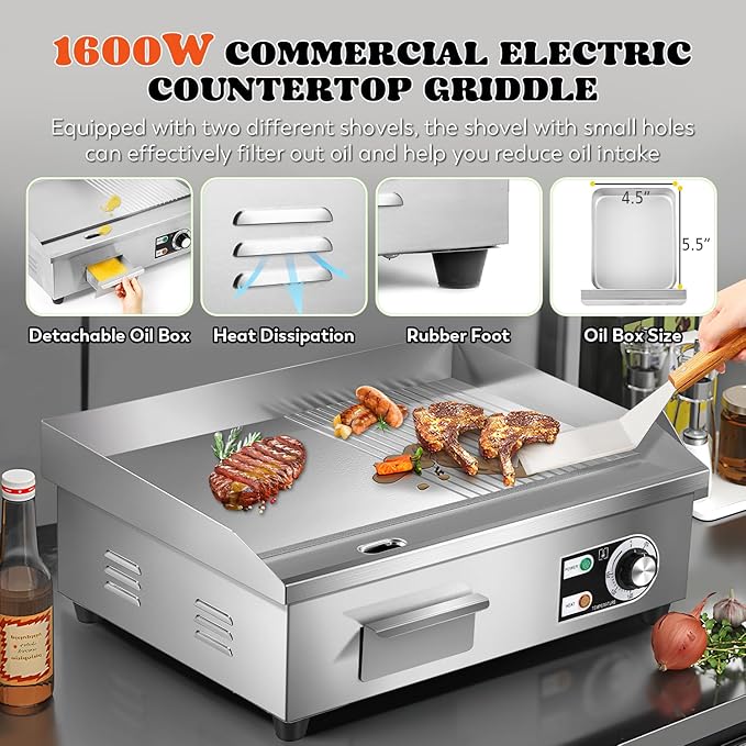 Moogiantgo Electric Griddle 22" Stainless Steel Teppanyaki Grill, Commercial Nonstick Table Top Grill for Pancake Barbecue, Large Half-Flat Cooking Plate with Adjustable Temperature & Drip Tray,1600W