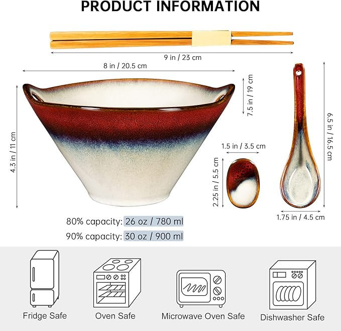 HENXFEN LEAD Japanese Ramen Noodle Bowl Set of 2-30 Oz Large Porcelain Salad Bowls with Chopsticks, Soup Spoons and Rests, Kitchen Serving Dishes for Pho, Udon - Reactive Red