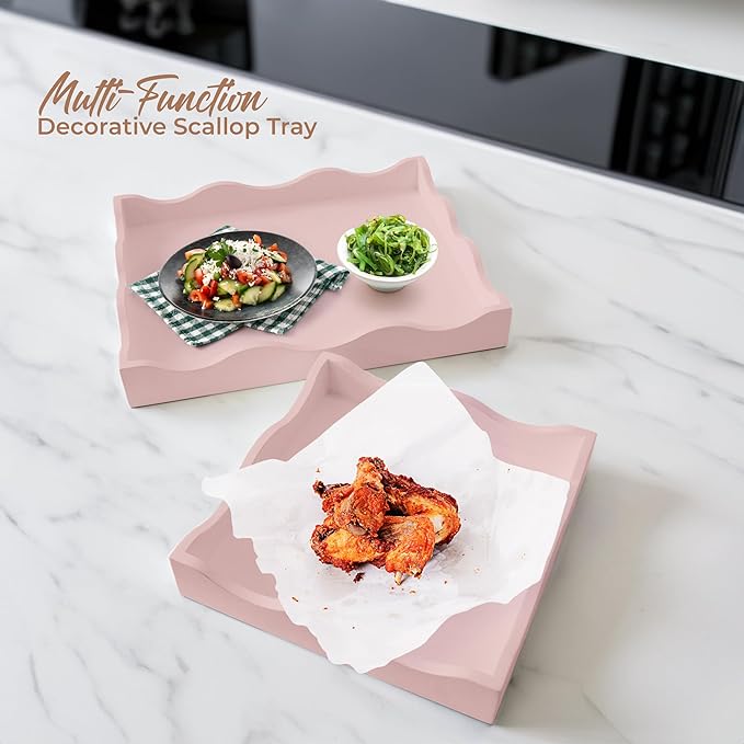 Wooden Scallop Serving Tray - for Coffee Table, Breakfast, Dinner Kitchen Living Room Bedroom, and Home Decor for All Occasions (Pastel Musk Mist, Combo S+M)