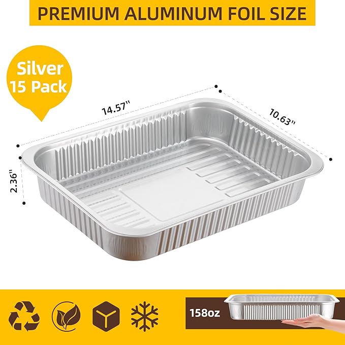Aluminum Foil Pans, Extra Heavy Duty Disposable Aluminum Baking Pans, 14.57"×10.63" Steam Table Pans for Cooking, Heating, Storing, Prepping Roasting and Chafing (15 Pack Silver)