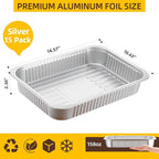 Aluminum Foil Pans, Extra Heavy Duty Disposable Aluminum Baking Pans, 14.57"×10.63" Steam Table Pans for Cooking, Heating, Storing, Prepping Roasting and Chafing (15 Pack Silver)