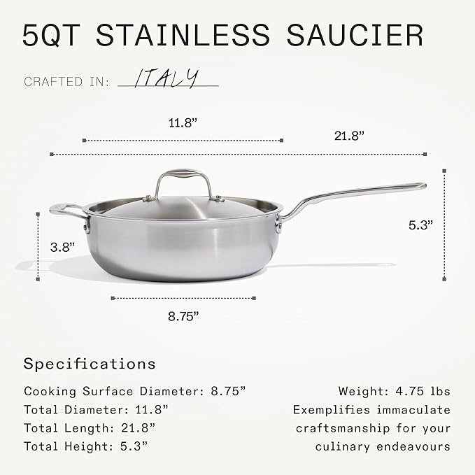 Made In Cookware - 5 Quart Stainless Steel Saucier Pan - 5 Ply Stainless Clad - Professional Cookware - Crafted in Italy - Induction Compatible