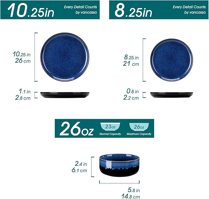 vancasso Starry 18 Pieces Dinnerware Sets for 6, Blue Reactive Glaze Dishes Sets, Ceramic Plates and Bowls Set, Dinner Salad Dessert Plates, and Cereal Bowls Set, Dishwasher and Microwave Safe