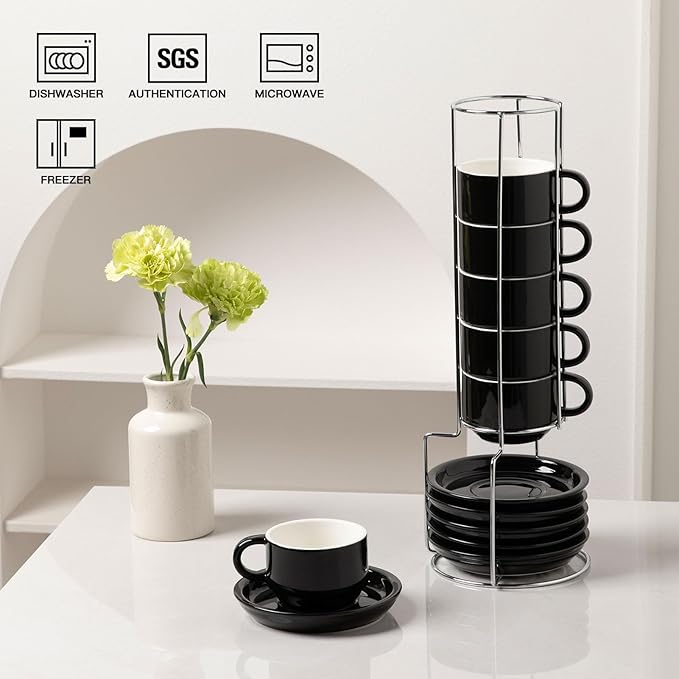 Sweejar Ceramic Espresso Cups Set of 6, Espresso Cup Stackable, 4 Oz Stackable Cappuccino Cups with Saucers and Metal Stand for Coffee Drinks, Americano, Latte, Tea (Black)