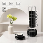 Sweejar Ceramic Espresso Cups Set of 6, Espresso Cup Stackable, 4 Oz Stackable Cappuccino Cups with Saucers and Metal Stand for Coffee Drinks, Americano, Latte, Tea (Black)