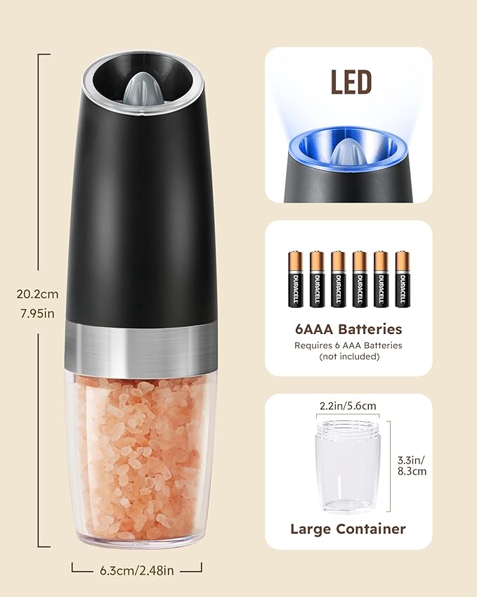 Sangcon Gravity Electric Pepper and Salt Grinder Mill Automatic Shaker Grinder with LED Light, Battery Powered Adjustable Coarseness One Hand Operation, Upgraded Larger Capacity, 1pc