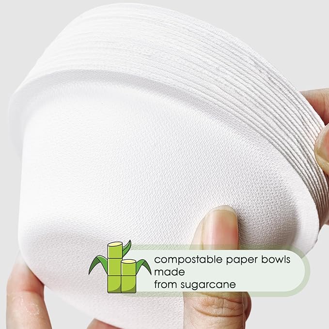 ECOLipak 150 Pack Compostable Paper Bowls, 8 oz Heavy-Duty Disposable Biodegradable Soup Bowls Made of Natural Bagasse, Suitable for Salad, Dessert, Milk, Cereals