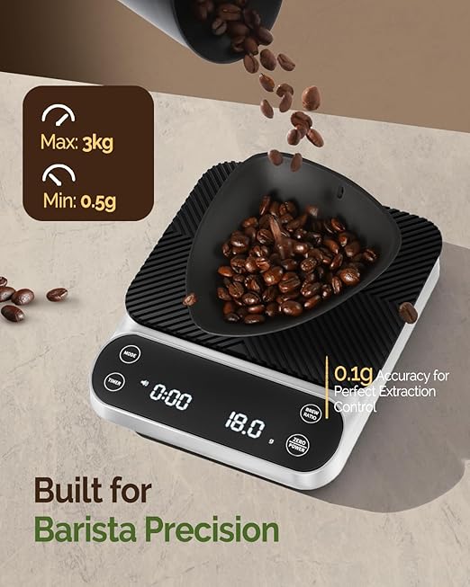 Maestri House S3 Coffee Scale with Timer, 3kg/0.1g Rechargeable Digital Scale, 3 Brew Modes, Adjustable Ratios & Flow Rate Display, Barista-Grade for Pour-Over, Espresso, French Press –White