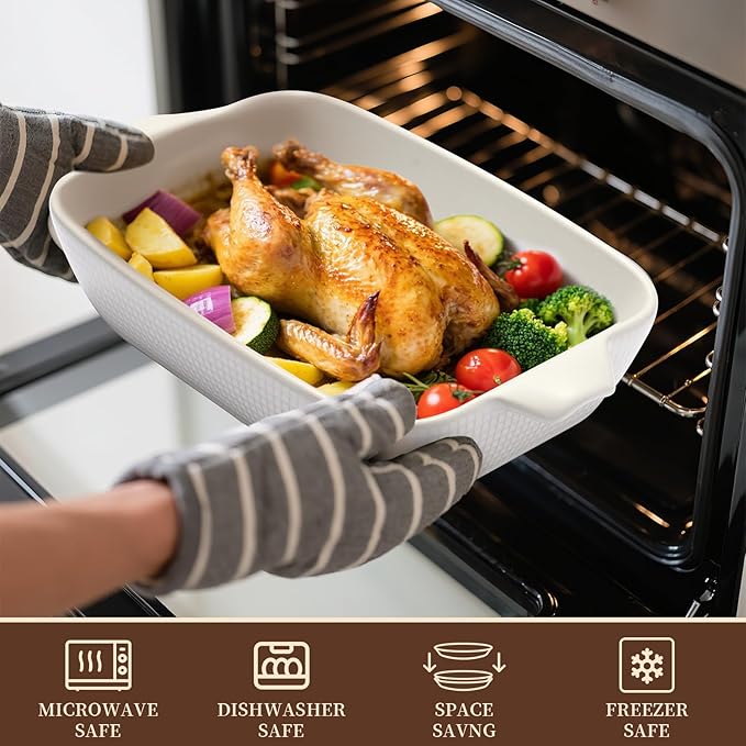 Bakeware Casserole Oven Dishes Baking - 3pcs Ceramic Rectangular Oven Serving Sets,（10.3/12.4/14.7）Stoneware Cookware Pan, Porcelain White Thanksgiving Ware for Cooking Lasagna
