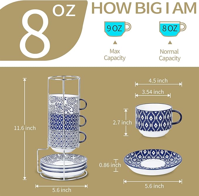 Selamica Ceramic Cappuccino Cups with Saucers and Metal Stand, 8 OZ Stackable Espresso Coffee Cups for Coffee, Latte, Americano, Tea, Set of 4, Vintage Blue