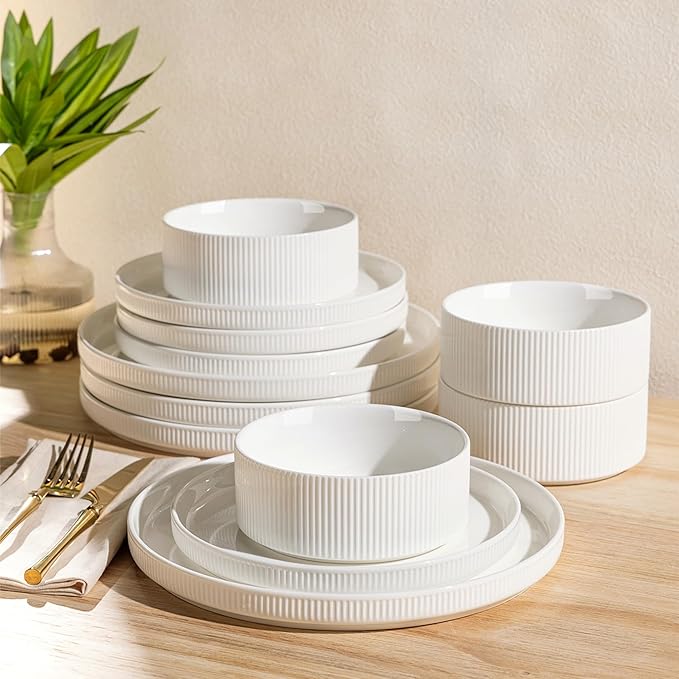 TheTerra Ceramic Dinnerware Sets for 4, 12 Pieces Porcelain Lightweight Plates and Bowls Sets, Scratch Resistant Dish Set, Oven & Microwave & Dishwasher Safe, Bright White