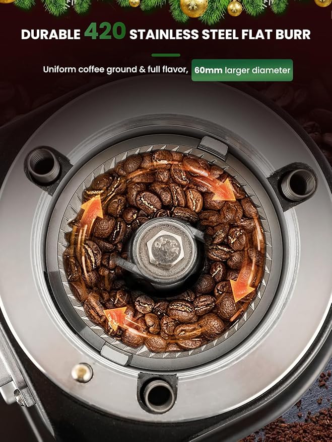 Huanyu Burr Coffee Grinder- Stainless Steel Flat Burr, 19 Precise Grind Settings, 35oz Capacity and Dual Dosing for Espresso, Hand Punch, French Press Black