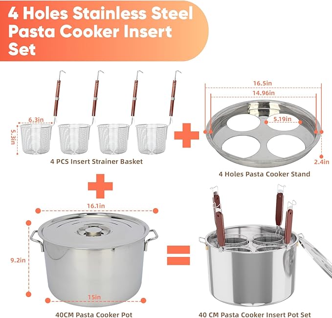 Pasta Pot With Strainer Basket,Large 4 Holes Pasta Pot with Insert for Cooking, Pot With Strainer Lid Stainless Steel for Home Kitchen