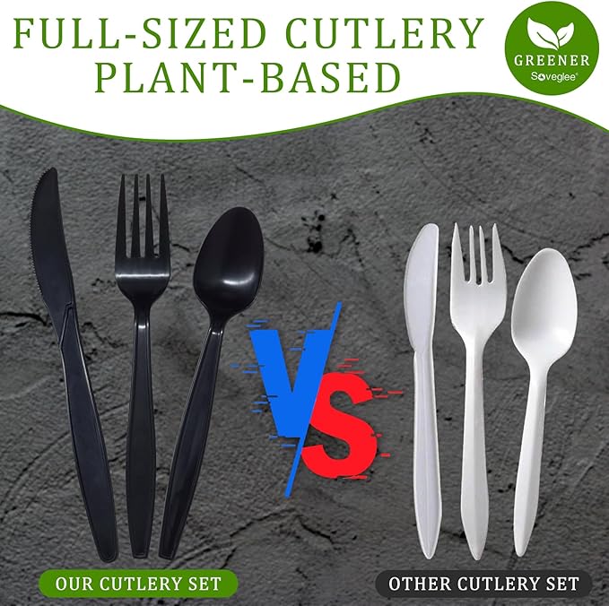 Black Compostable Silverware, 300 Count Compostable Utensils, Plastic 120 Forks 120 Spoons 60 Knives,Non Plastic Utensil, Eco Friendly Disposable Silverware for Party Office Wedding