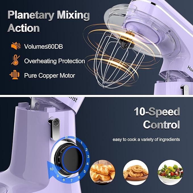 Stand Mixer, 6.5QT 10-Speed Tilt-Head Electric Stand Mixer, 3-In-1 Kitchen Mixer with Bowl, Dough Hook, Whisk and Beater, Food Mixer for Baking, Cake and Most Home Cooks, Purple