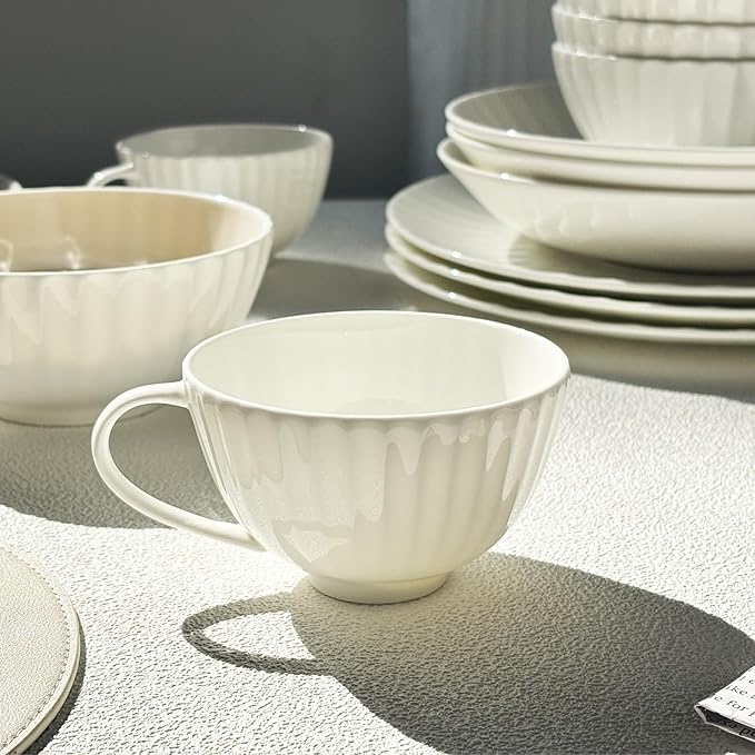 16-Piece Bone China Dinnerware Set for 4, White embossed dinnerware set, Plates and Bowls with Textured Design, Microwave Dishwasher Safe