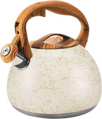 3.2 Quart Whistling Tea Kettle Stovetop, Stainless Steel Tea pot with Wood Grain Handle, Loud Whistle Kettle for Boiling Water, Coffee & Milk, Easy-Pour Spout Classic Design (Off-white)