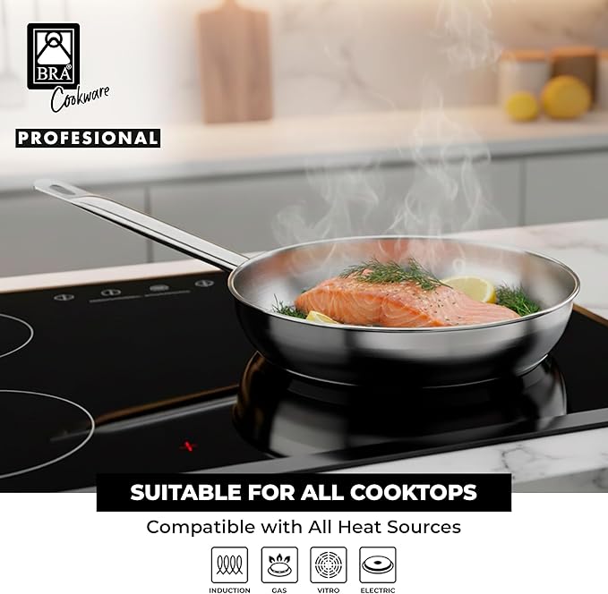 BRA COOKWARE Profesional 2 Frying Pan Set | 8 + 10.2 inches Professional Skillet | Stainless Steel Pan w/o Non-Stick | All Stovetop Compatible Skillet | 100% FOA Free | Brushed Finish