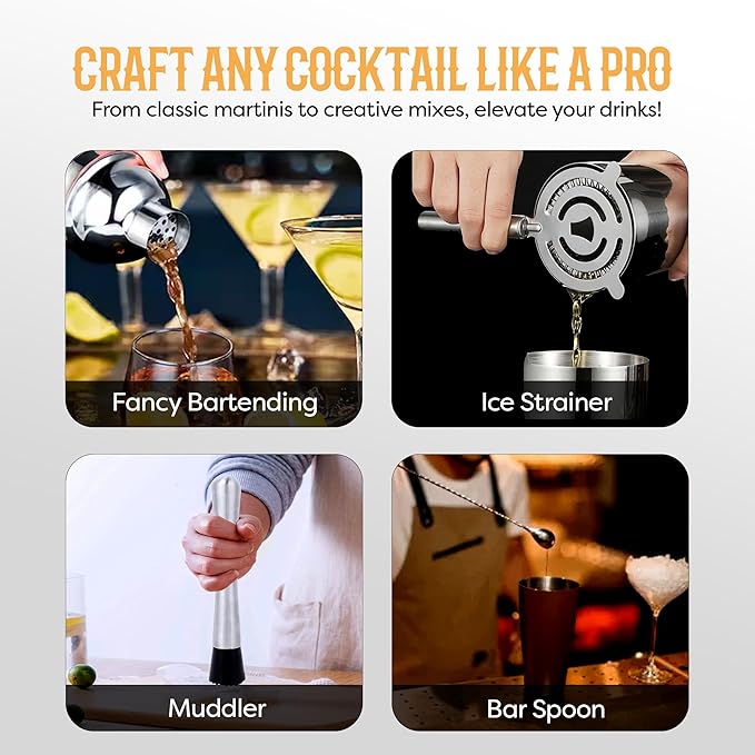 Cocktail Shaker Set Bartender Kit with 10 Bar Tools & Bamboo Stand – Martini Shaker, Jigger, Strainer, Muddler, Mixer Spoon, Pourers – Home Bar Set & Gift for Men (Silver)