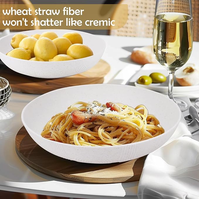 Salad Bowls 10inch Serving Bowls 65oz Large Salad Bowls Wheat Straw Bowls Set of 2 Wide and Shallow Plastic Salad Bowl for Kitchen Microwave & Dishwasher Safe.White