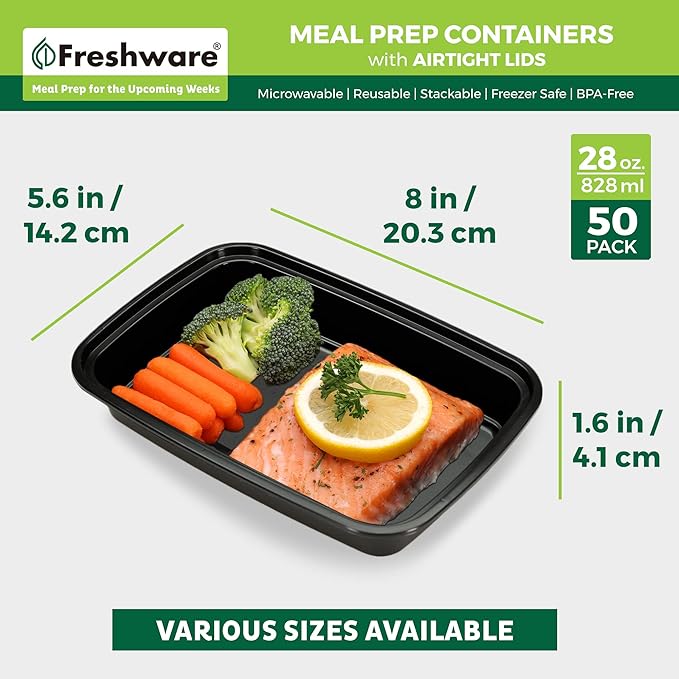 Freshware Meal Prep Containers [50 Pack] 1 Compartment with Lids, Food Storage Containers, Bento Box, BPA Free, Stackable, Microwave/Dishwasher/Freezer Safe (28 oz)