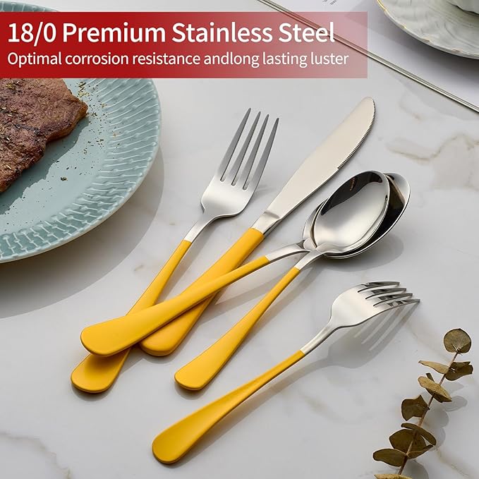 20-Piece Yellow Silverware Set 18/0 Stainless Steel Flatware Yellow Handle Cutlery Set Service for 4 Dinner Knives Forks Spoons Set Mirror Finish Dishwasher Safe
