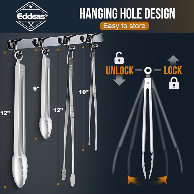 Tongs For Cooking - Heat Resistant 600 Degrees, All Metal Kitchen Tweezers Tongs, Heavy Duty Stainless Steel Cooking for Food, Grill, BBQ, Dishwasher safe Set of 4 (12" & 9in)