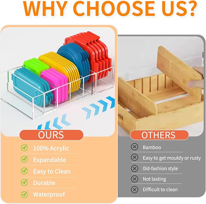 Expandable Lid Storage Organizer: Kitchen Food Container Lids Organizer for Cabinet - Acrylic Extra Large 10-18" Food Storage Container Holder for Cabinets Cupboards Pantry Drawer